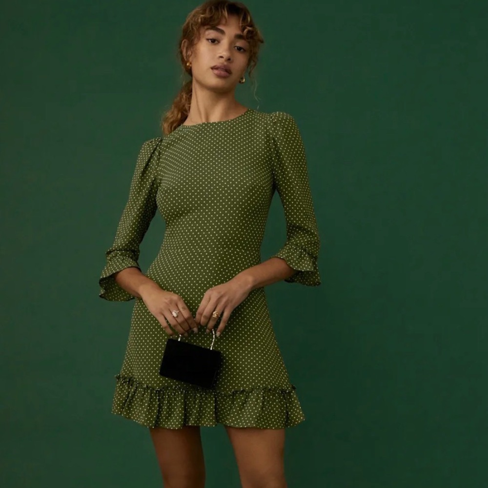 Reformation Green Dress with White Dots